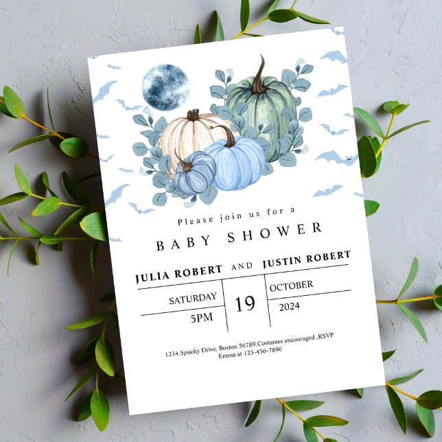 Invitation automne moderne bleu citrouille garçon baby shower (Créateur téléchargé)