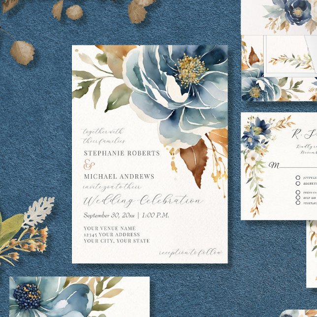 Invitation Automne moderne Floral Navy Dusty Blue Ivory Maria (Créateur téléchargé)
