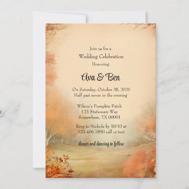 Invitation Automne Orange Arbres Rustique Mariage Célébration (Devant)