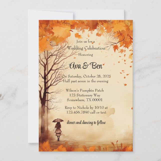 Invitation Automne Orange Arbres Rustique Mariage Célébration (Devant)