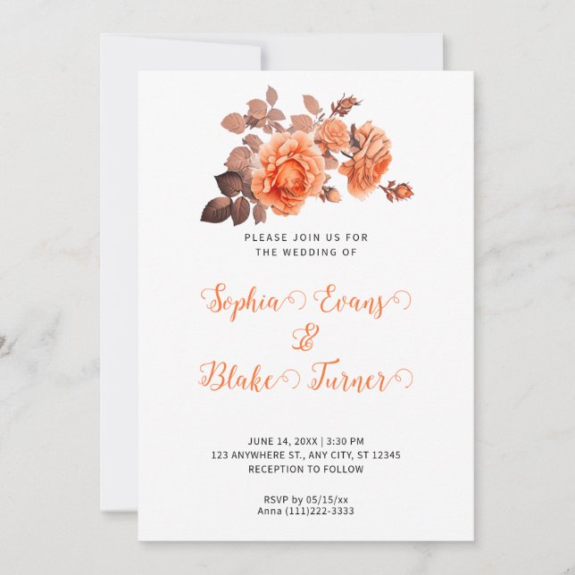 Invitation Automne Orange Rose Bouquet Mariage blanc (Devant)