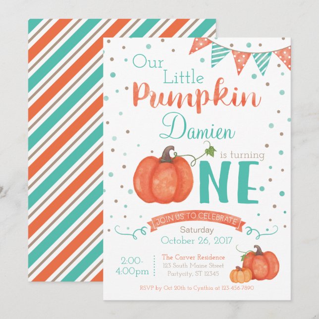 Invitation Automne Petit Citrouille 1er anniversaire Invitati (Devant / Derrière)