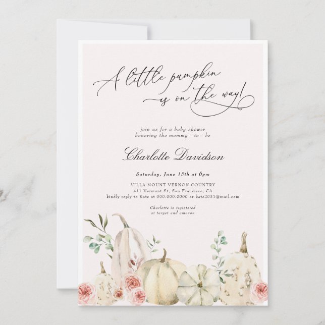 Invitation Automne Petit Citrouille Blush rose fille Baby sho (Devant)