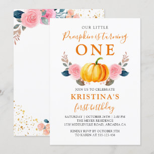 Invitation Automne Petit Citrouille rose Floral Premier Anniv