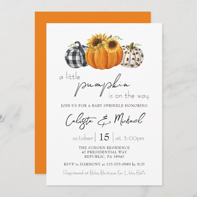 Invitation Automne Petits Couples Citrouilles Bébé Parsemer (Devant / Derrière)