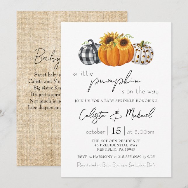 Invitation Automne Petits Couples Citrouilles Bébé Parsemer (Devant / Derrière)
