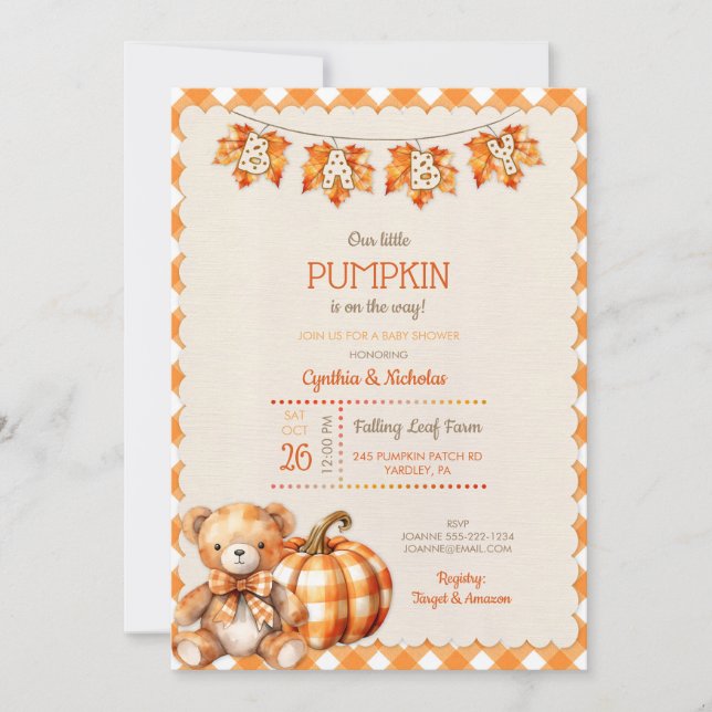 Invitation Automne Plaid Teddy Bear Citrouille Feuilles (Devant)
