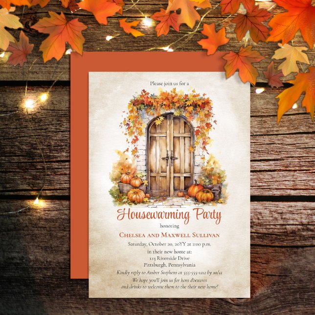 Invitation Automne Porte en bois Feuille Citrouille Fête de l (Warm, cozy vibes is what this design is all about -- create the perfect Housewarming for Fall!)