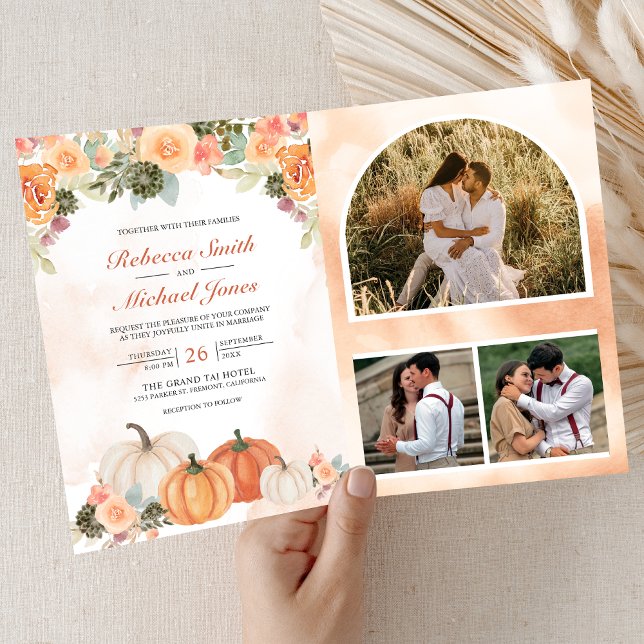 Invitation Automne Pumpkin Floral Code QR Photo de mariage (Créateur téléchargé)