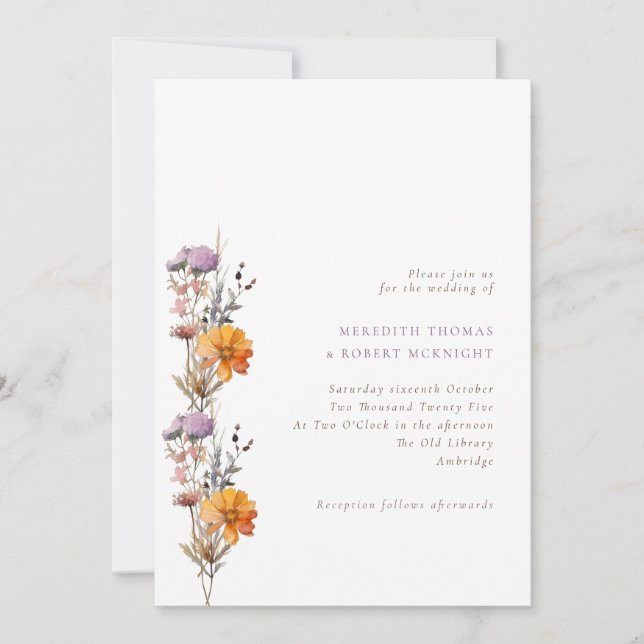 Invitation Automne Purple & Orange Fleur sauvage Mariage (Devant)