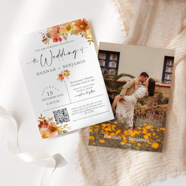 Invitation Automne quitte Mariage Moderne Minimal QR Code pho (Créateur téléchargé)
