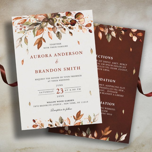 Invitation Automne Quitte Russe Pays Boho Mariage Dans (Fall wedding invitation with details on back)