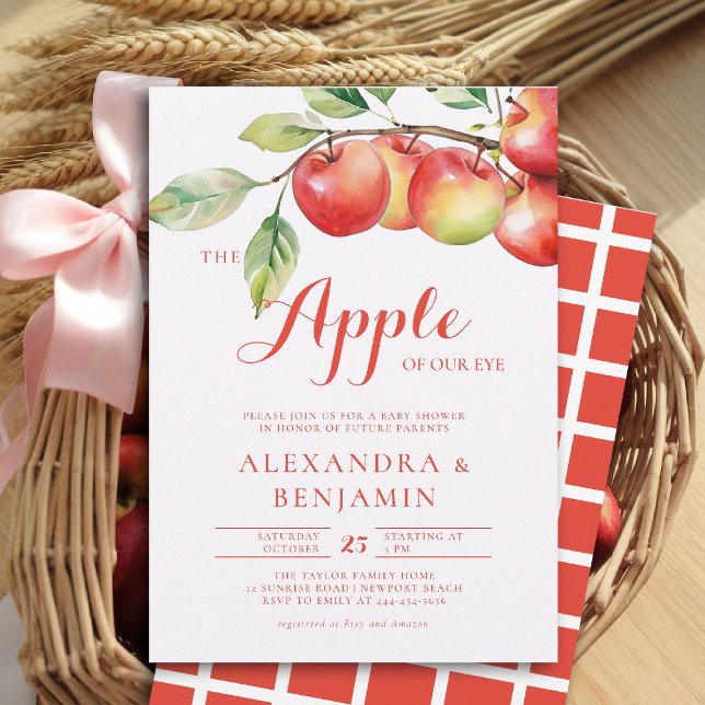 Invitation Automne Récolte Pomme Succursale Coed Couple Baby  (fall baby shower invitation apple of our eye girl watercolor rustic elegant coed couple)