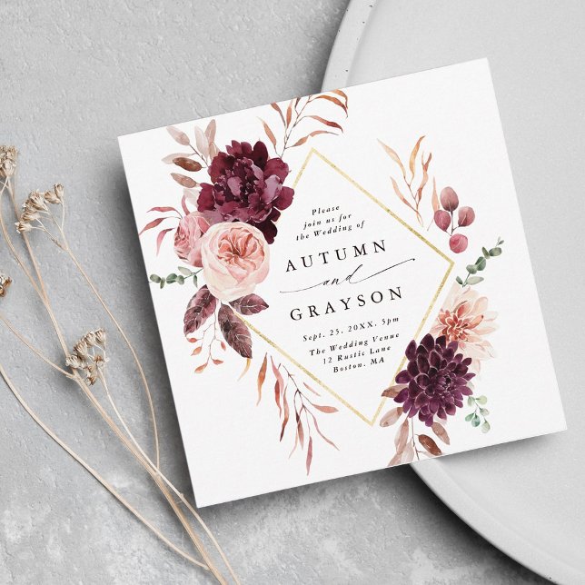Invitation Automne Romance Gold Frame Bourgogne Mariage Carré (Créateur téléchargé)
