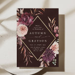 Invitation Automne Romance Gold Frame Bourgogne Mariage Invit<br><div class="desc">Ce faire-part de mariage est orné d'une couronne de fleurs d'aquarelle de dahlias, roses de jardin et de pivoines en rouge bordeaux, marron, rose roux sur les feuilles d'automne avec un cadre en faux diamant d'or. Pour une personnalisation plus avancée de cette conception, cliquez sur le BOUTON OUTIL DESIGN BLEU....</div>