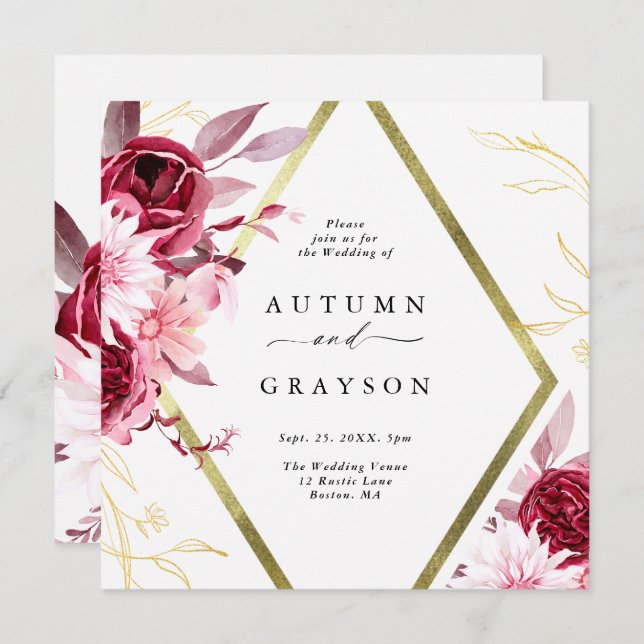 Invitation Automne Romance Gold Frame Floral Mariage (Devant / Derrière)