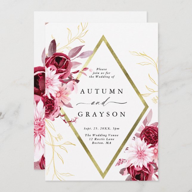 Invitation Automne Romance Gold Frame Floral Mariage (Devant / Derrière)