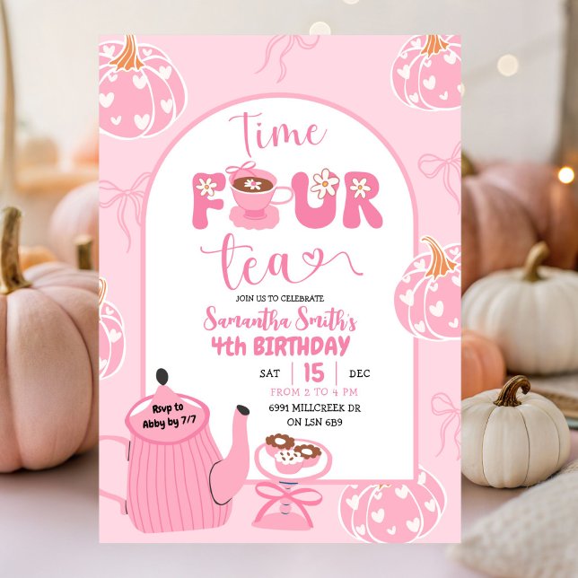 Invitation Automne Rose Whimsical Retro Tea Girl 4e anniversa (Créateur téléchargé)