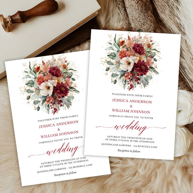 Invitation Automne Rouge Floral Boho Eucalyptus Mariage  (Autumn Maroon Floral Boho Eucalyptus Wedding Invitation

)