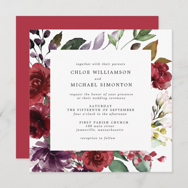 Invitation Automne Rouge Floral Carré Mariage (Devant / Derrière)