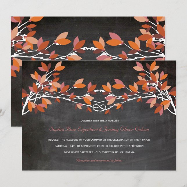 Invitation Automne Rouge noué amoureux Arbres Chalkboard Mari (Devant / Derrière)