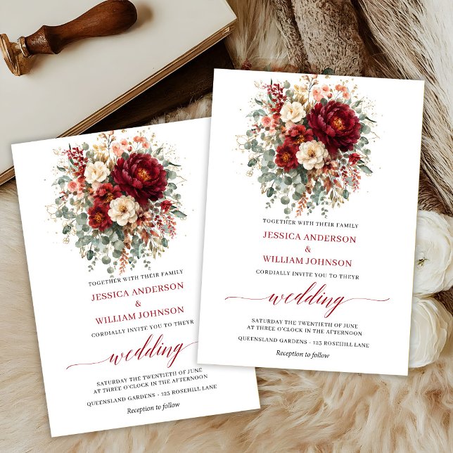 Invitation Automne Rouge Profond Floral Boho Eucalyptus Maria (Autumn Deep Red Floral Boho Eucalyptus Wedding Invite

)