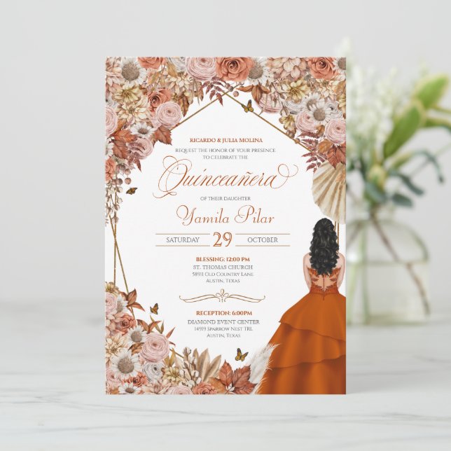 Invitation Automne Rouille Orange Feuille Quinceanera Invitat (Debout devant)