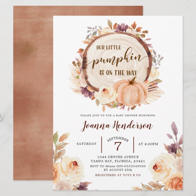 Invitation Automne Russe Boho Woodland Baby shower Citrouille (Devant / Derrière)