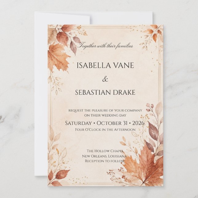 Invitation Automne rustique avec feuilles aquarelles (Devant)