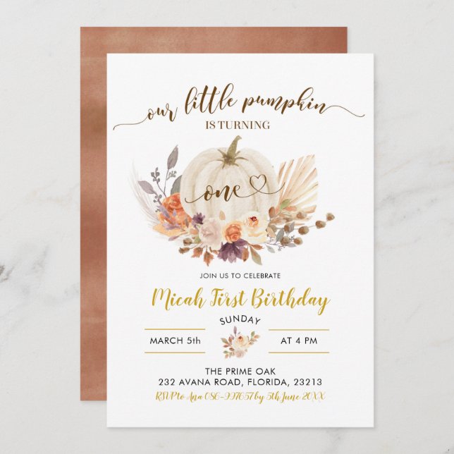 Invitation Automne Rustique Boho Citrouille Premier anniversa (Devant / Derrière)