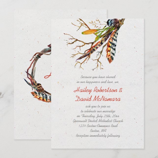 Invitation Automne Rustique Boho Feathers Vines Mariage | (Devant / Derrière)