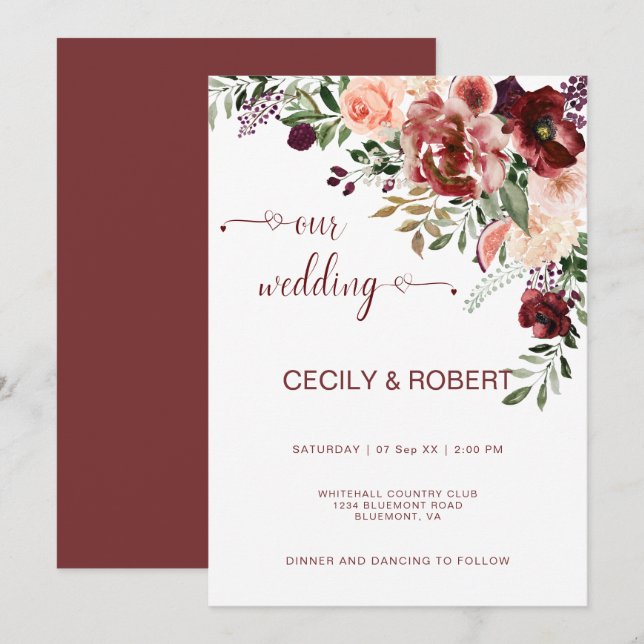 Invitation Automne rustique boho fleurs aquarelle cœur script (Devant / Derrière)