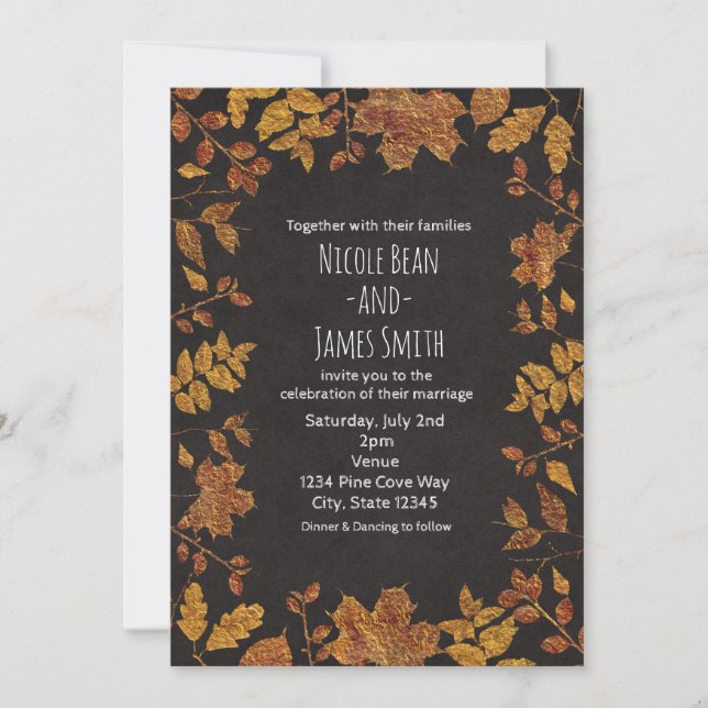 Invitation Automne Rustique Feuilles Dorées Élégant Mariage (Devant)