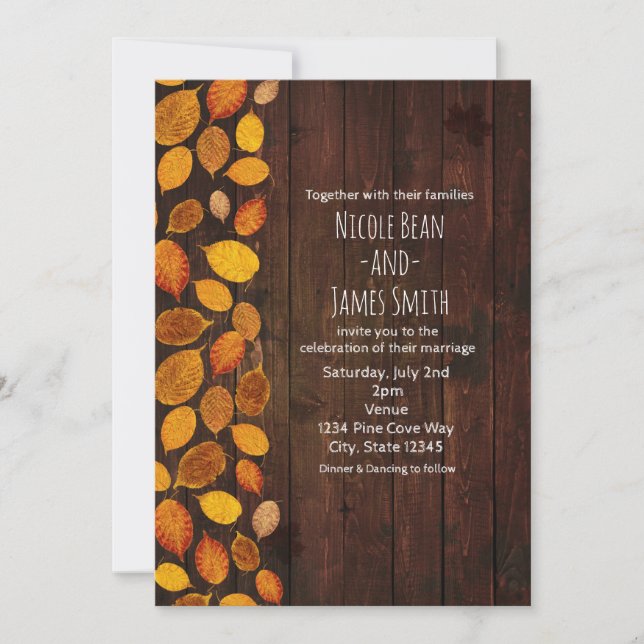 Invitation Automne Rustique Feuilles Dorées & Mariage en Bois (Devant)