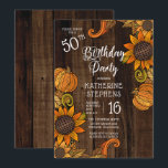 Invitation Automne Rustique |Fleurs de soleil d'automne 50e f<br><div class="desc">Pays rustique période de récolte automne | 50ème anniversaire de l'automne design sur un arrière - plan en bois foncé faux. Conception composite par Holiday Hearts Designs (droits réservés).</div>