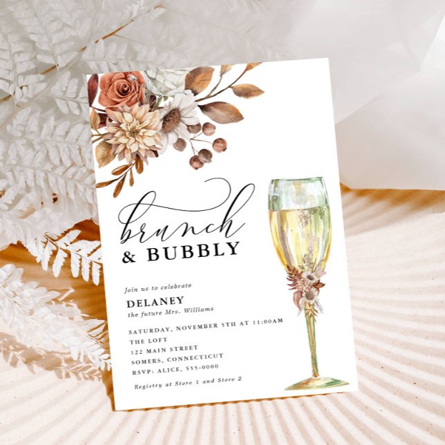 Invitation Automne Rustique Floral, Brunch & Bubbly Douche (Autumn Beauty: Watercolor Blooms and Fall Leaves )
