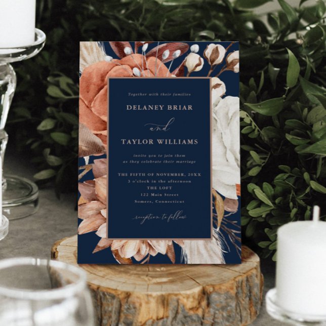 Invitation Automne Rustique Floral, Mariage bleu foncé encadr (Autumn Beauty: Watercolor Blooms and Fall Leaves )
