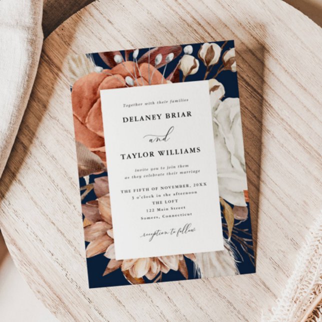 Invitation Automne Rustique Floral, Mariage bleu marine (Autumn Beauty: Watercolor Blooms and Fall Leaves )