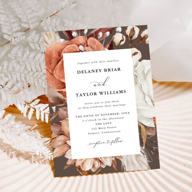 Invitation Automne Rustique Floral, Mariage Brown doux (Autumn Beauty: Watercolor Blooms and Fall Leaves )