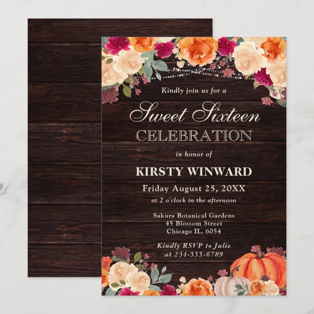 Invitation Automne rustique orange pumpkin floral Sweet Sixte (Devant / Derrière)