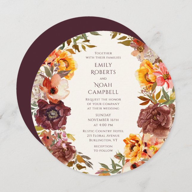 Invitation Automne Rustique Plum Orange Floral Mariage (Devant / Derrière)