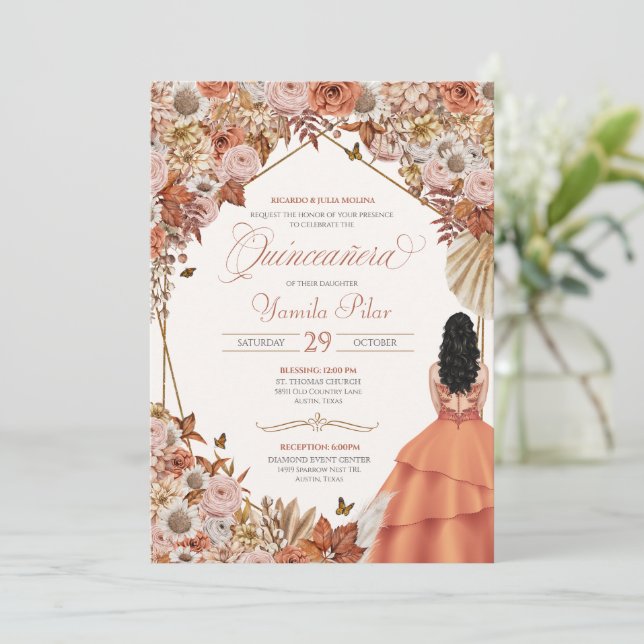 Invitation Automne Séché Floral Feuilles d'automne Quinceaner (Debout devant)