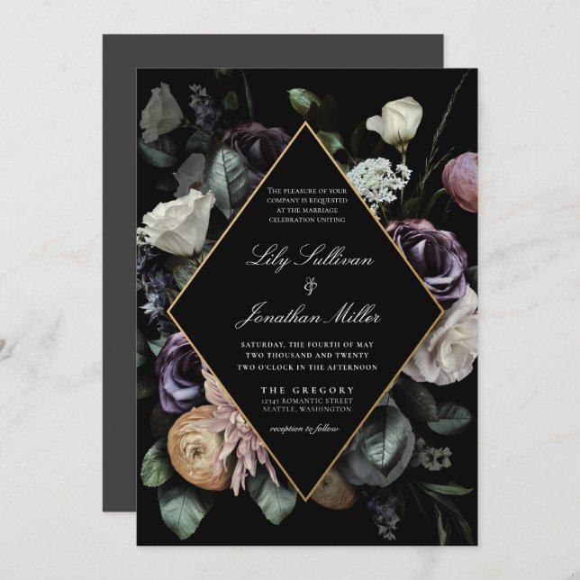 Invitation Automne Sombre Moody Cadre Floral Violet Mariage (Devant / Derrière)