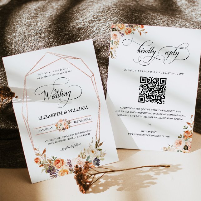 Invitation Automne Terracotta Cadre Floral QR Code Mariage (Créateur téléchargé)