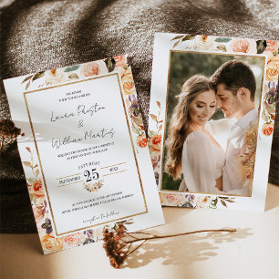 Invitation Automne Terracotta Floral Gold Frame Photo Mariage