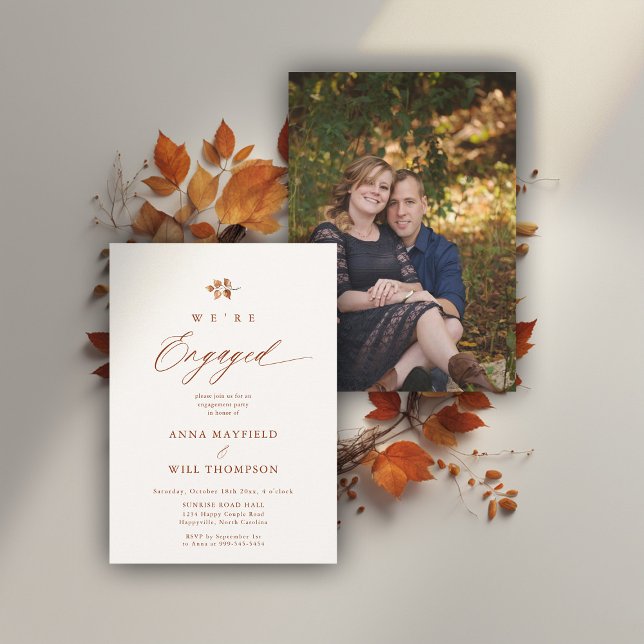 Invitation Automne Terracotta Moderne Simple Photo Fiançaille (fall engagement party invitation botanical leaf calligraphy terracotta elegant modern photo)