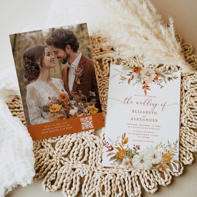 Invitation Automne terre cuite Photo élégant code QR mariage (Créateur téléchargé)