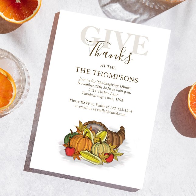 Invitation Automne Thanksgiving Cornucopia Remercier (Thanksgiving cornucopia invitation with watercolor turkey and fall foliage. )