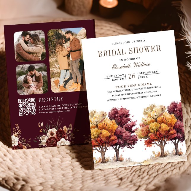 Invitation Automne Tomber Bourgogne Arbres Code QR Enterremen (Créateur téléchargé)