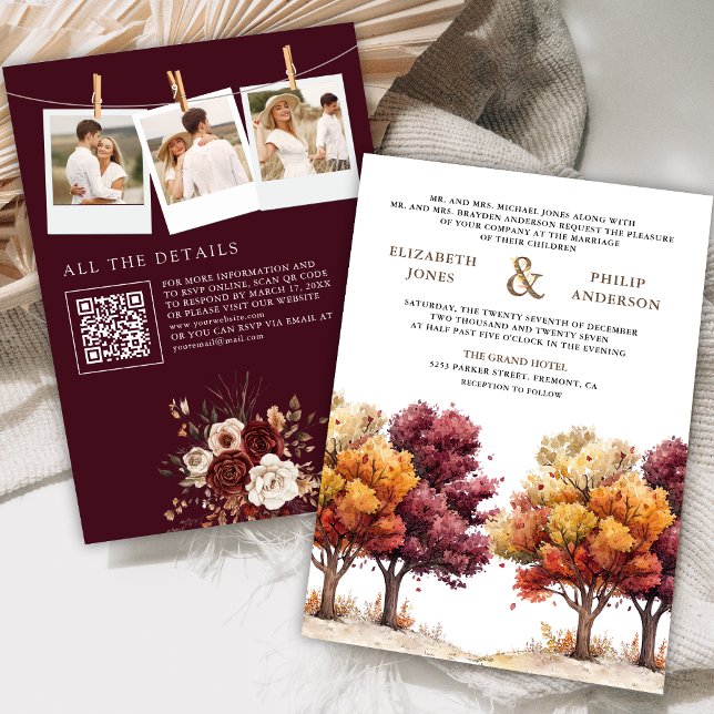 Invitation Automne Tomber Bourgogne Arbres Photo Code QR Mari (Créateur téléchargé)